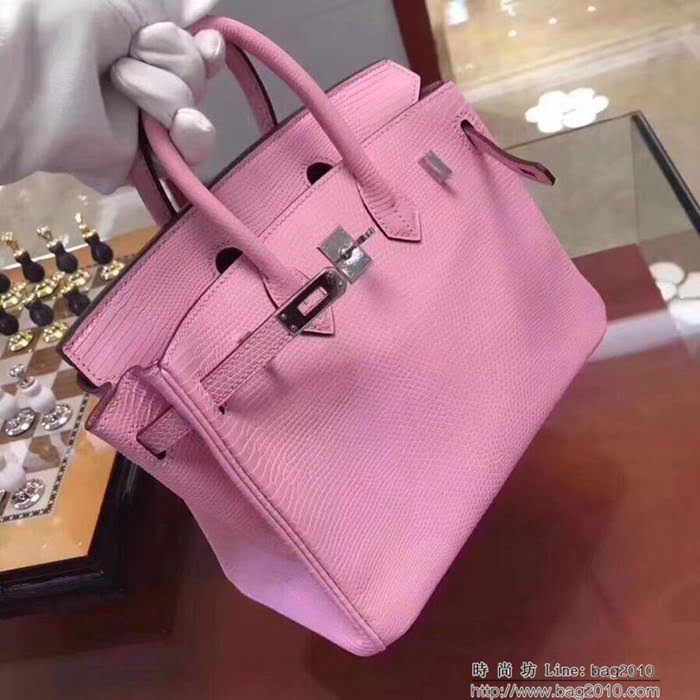 HERMES愛馬仕 鉑金包 Birkin 25cm 蜥蜴 Lizard leather 奶昔粉 銀扣 蠟線手縫 時尚手提包  Ama1150